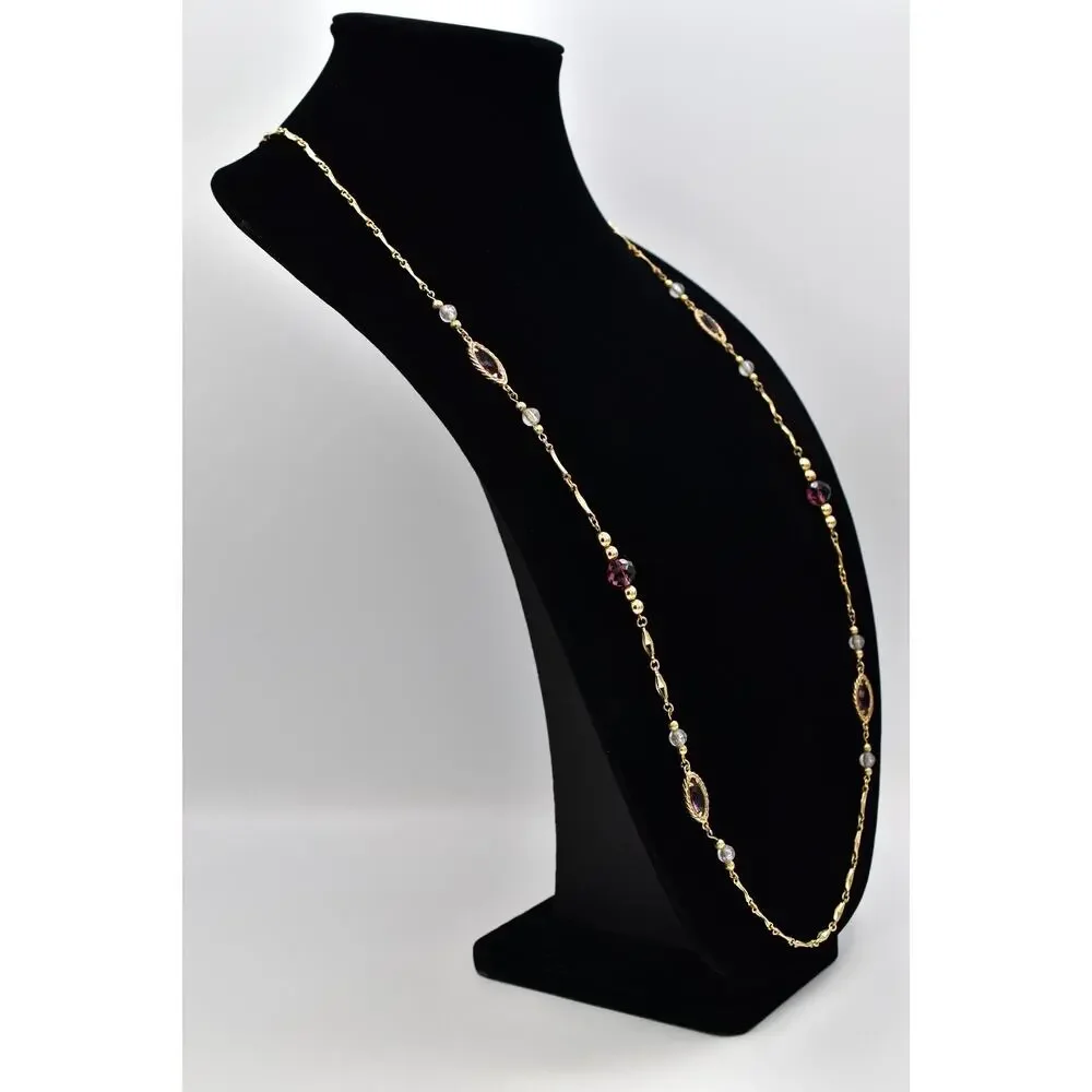 1928 Vintage Necklace Purple Crystal Gold Bezel Long Station Beaded Signed 9J
